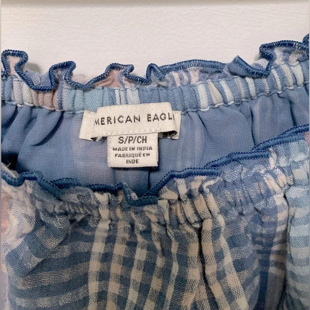 AEO 🦅 Off Shoulder Plaid Puff Sleeve Crop Top - Picture 11 of 15